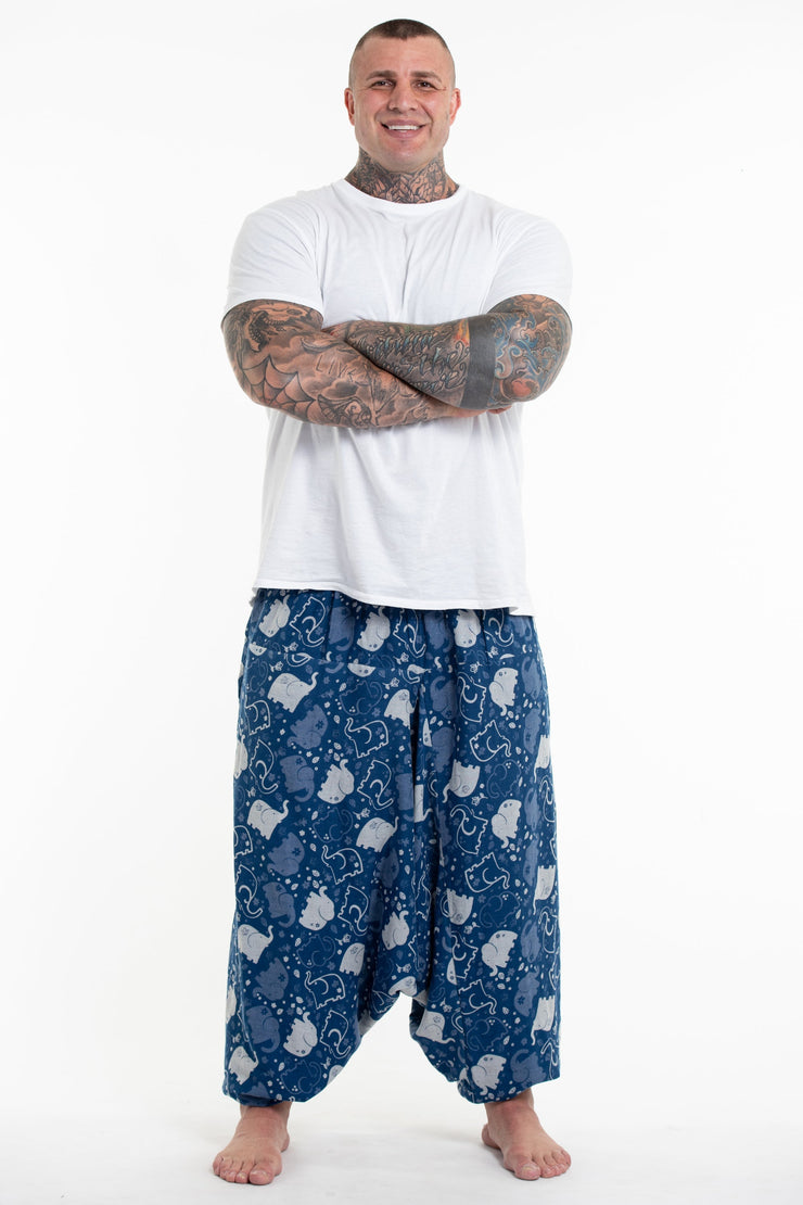 Plus Size Elephant Prints Men's Low Cut Cotton Harem Pants in Indigo