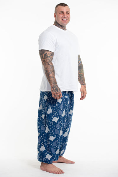 Plus Size Elephant Prints Men's Low Cut Cotton Harem Pants in Indigo