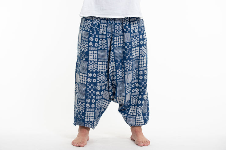 Plus Size Patchwork Prints Men's Low Cut Cotton Harem Pants in Indigo