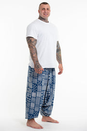 Plus Size Patchwork Prints Men's Low Cut Cotton Harem Pants in Indigo