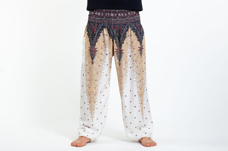 Peacock Feathers Men's Harem Pants in White