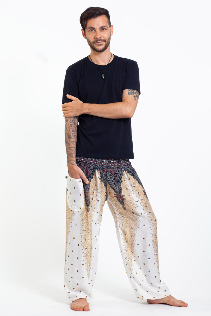 Peacock Feathers Men's Harem Pants in White