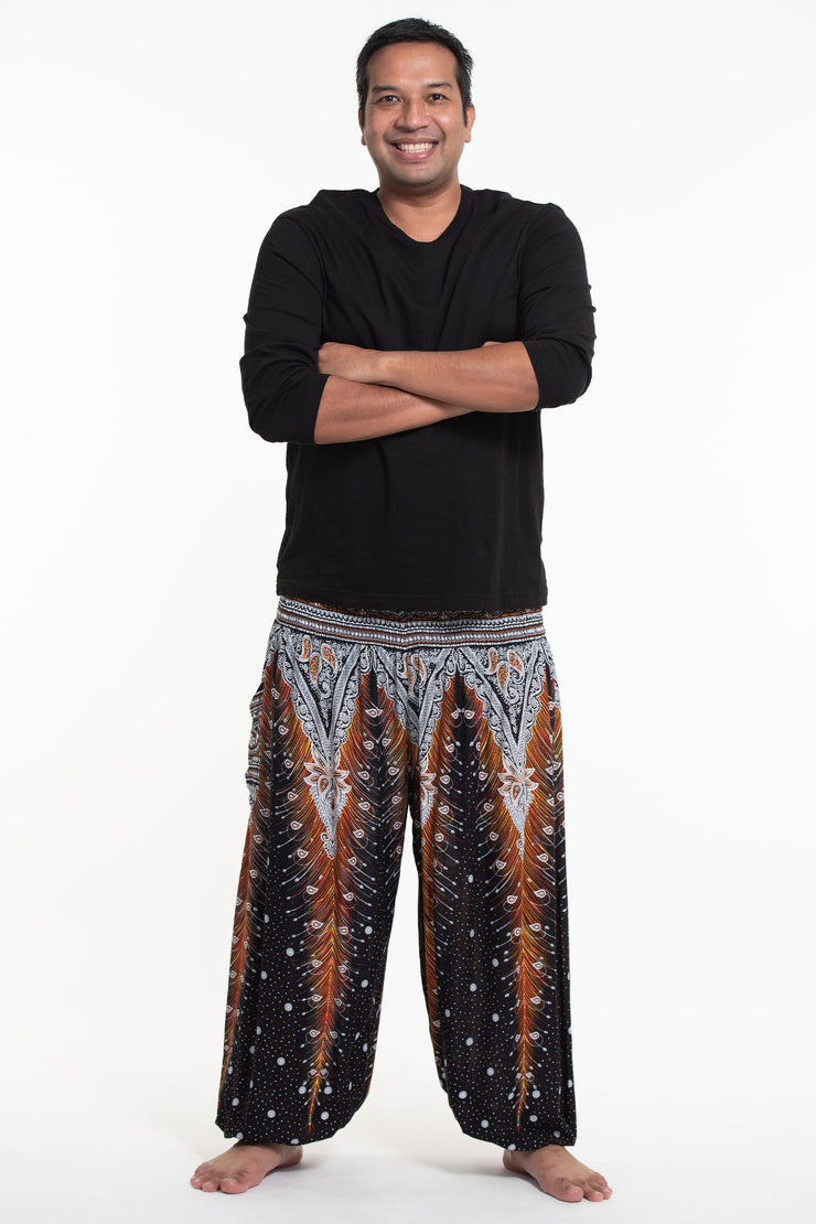 Plus Size Peacock Feathers Men's Harem Pants in Black