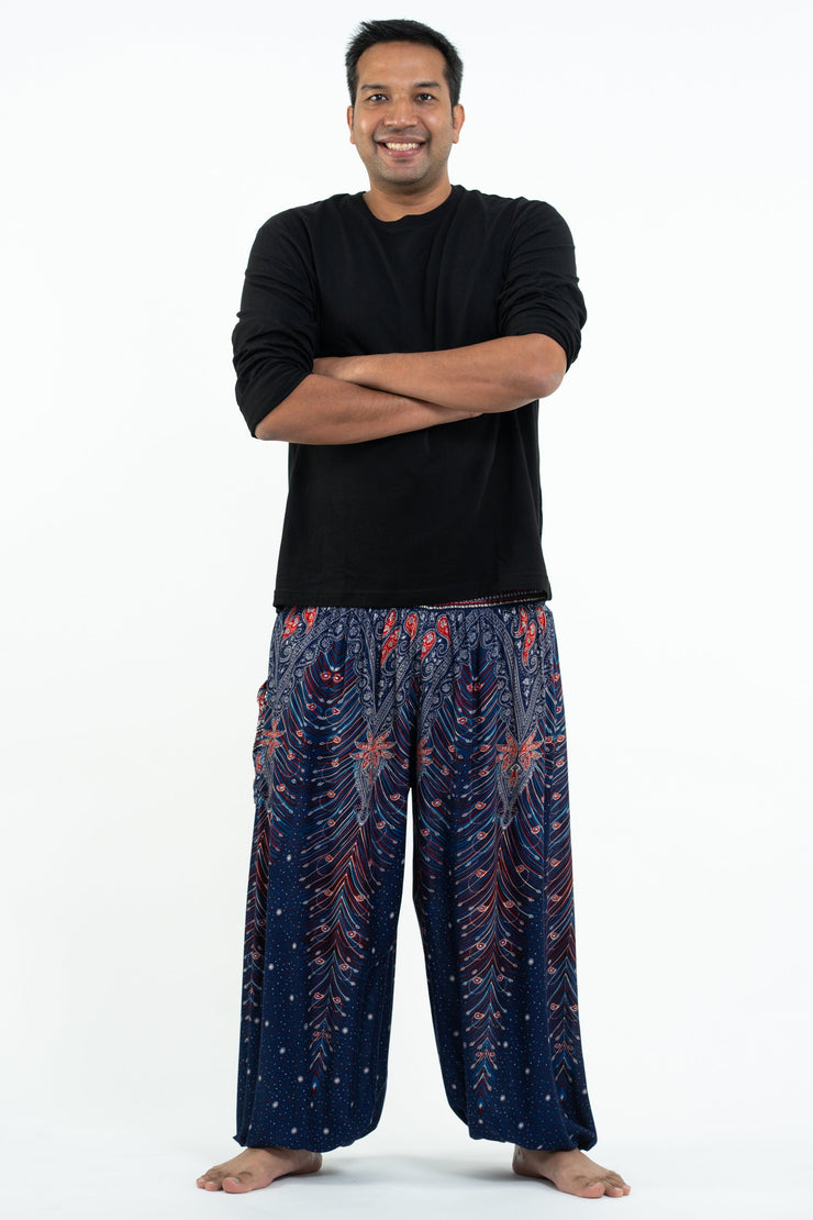 Plus Size Peacock Feathers Men's Harem Pants in Blue