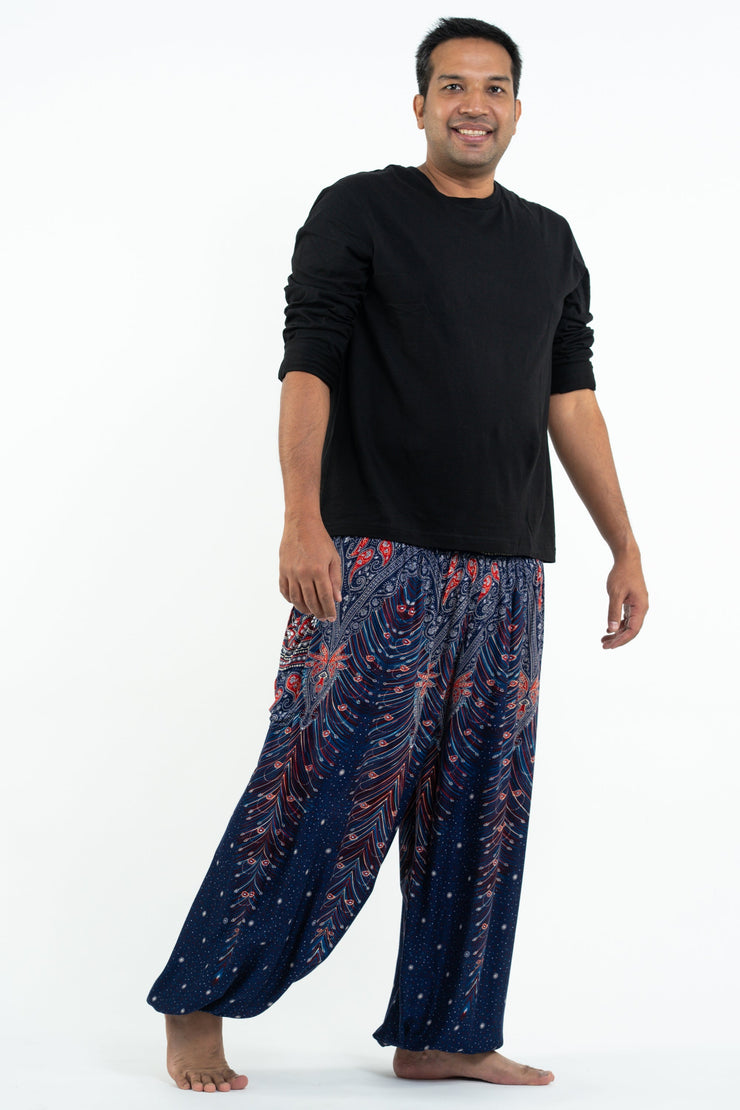 Plus Size Peacock Feathers Men's Harem Pants in Blue