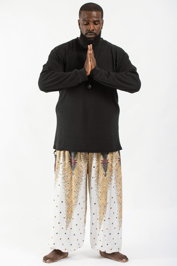 Plus Size Peacock Feathers Men's Harem Pants in White