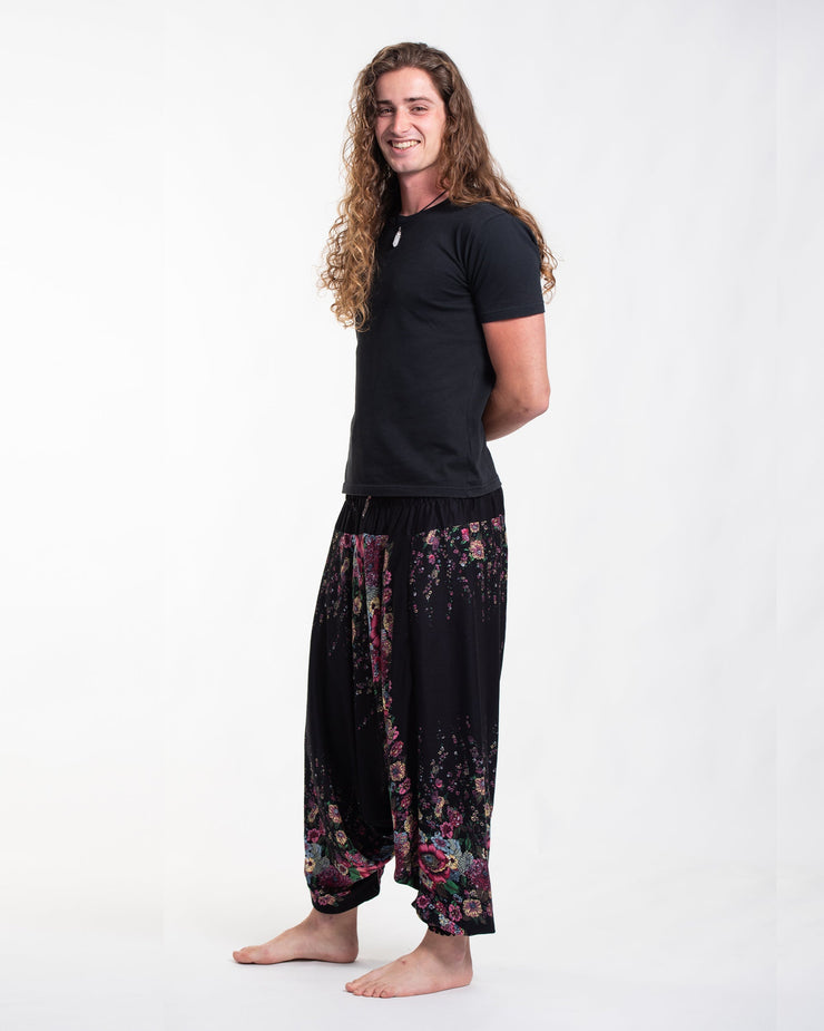 Floral Drop Crotch Men's Harem Pants in Black