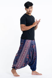 Peacock Feathers Drop Crotch Men's Harem Pants in Blue