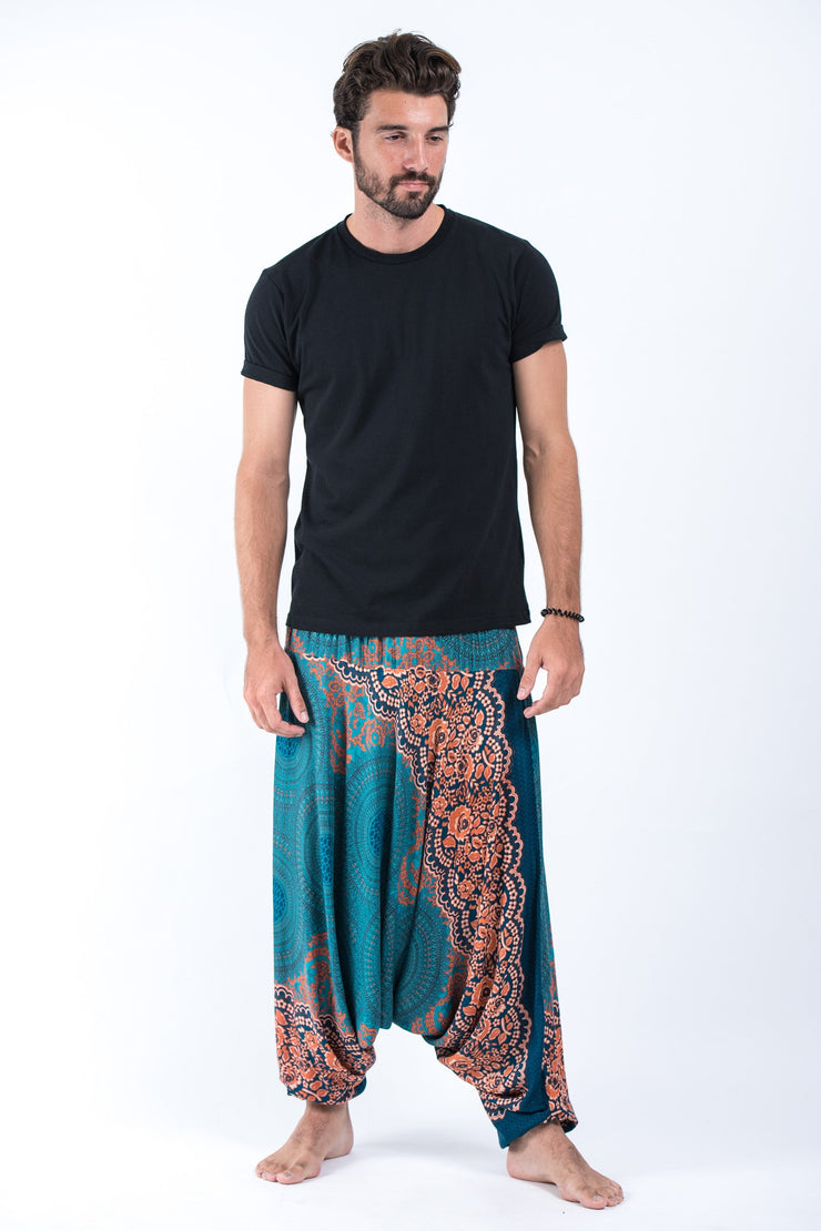 Geometric Mandalas Drop Crotch Men's Harem Pants in Turquoise