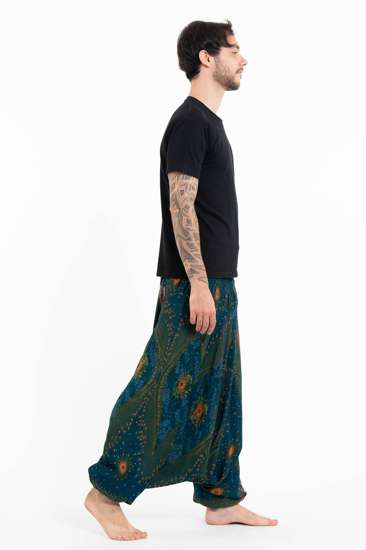 Peacock Eye Drop Crotch Men's Harem Pants in Teal