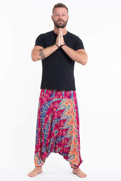 Peacock Paisley Drop Crotch Men's Harem Pants in Pink