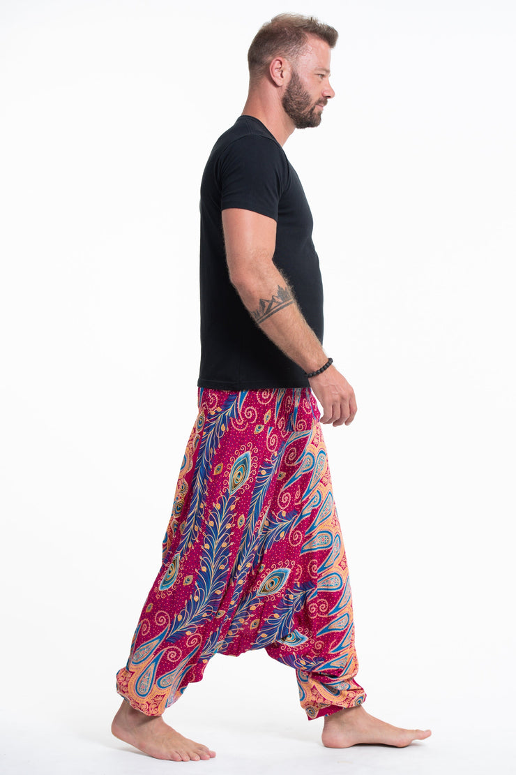 Peacock Paisley Drop Crotch Men's Harem Pants in Pink