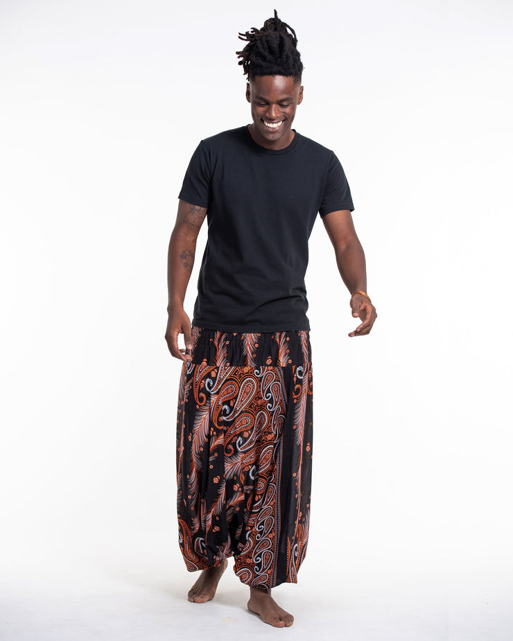 Paisley Feathers Drop Crotch Men's Harem Pants in Black