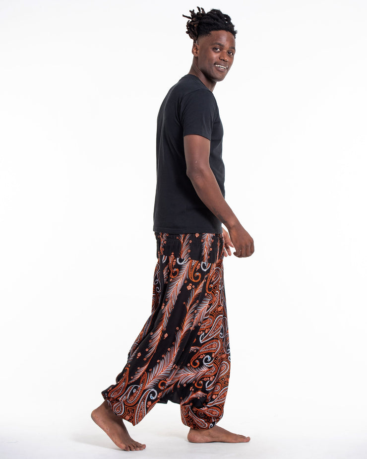 Paisley Feathers Drop Crotch Men's Harem Pants in Black