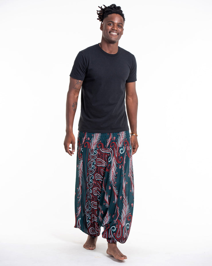 Paisley Feathers Drop Crotch Men's Harem Pants in Green