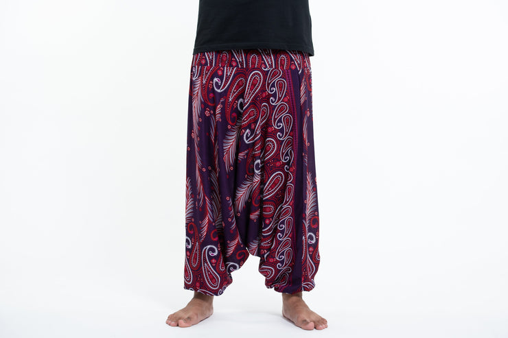 Paisley Feathers Drop Crotch Men's Harem Pants in Purple