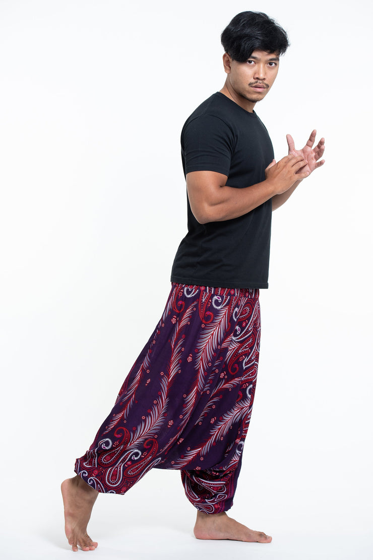 Paisley Feathers Drop Crotch Men's Harem Pants in Purple