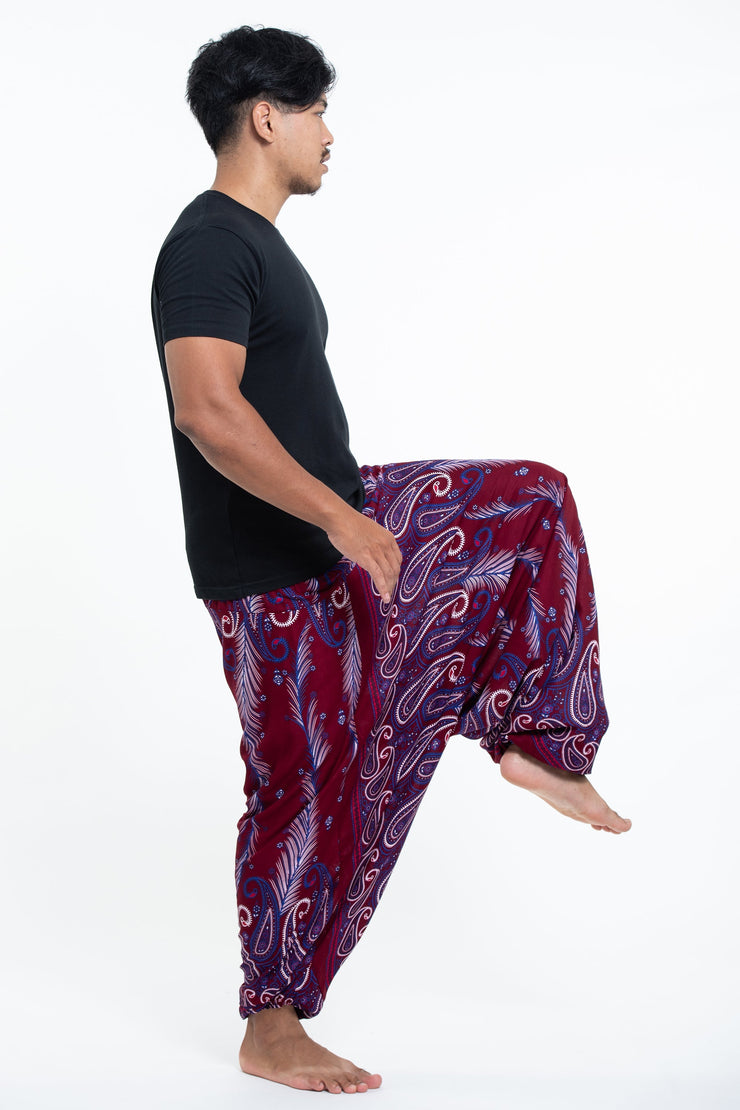 Paisley Feathers Drop Crotch Men's Harem Pants in Red