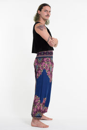 Peony Mandalas Drop Crotch Men's Harem Pants in Blue