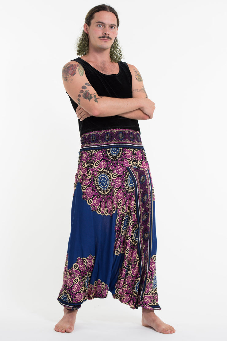 Peony Mandalas Drop Crotch Men's Harem Pants in Blue