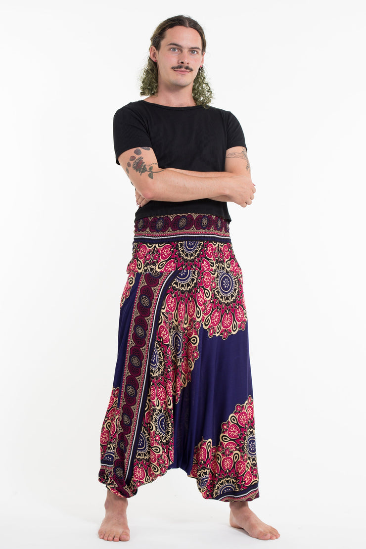 Peony Mandalas Drop Crotch Men's Harem Pants in Indigo