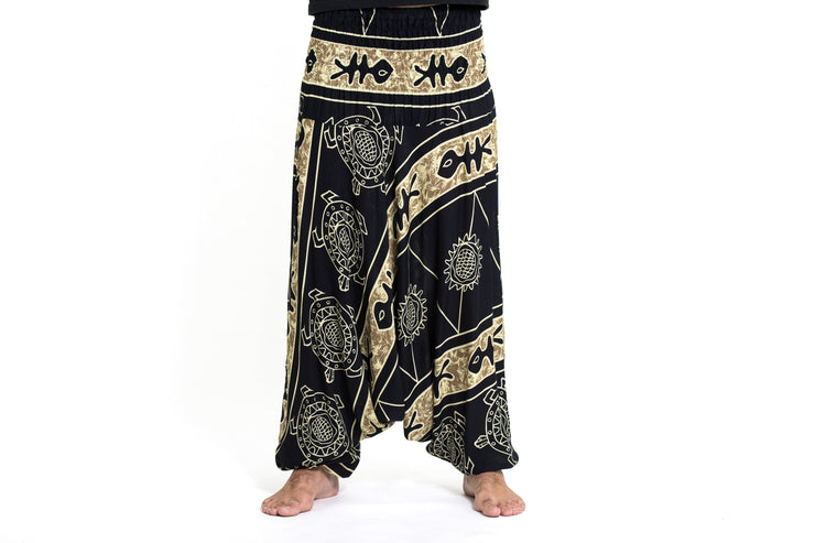 Turtle Print Drop Crotch Men's Harem Pants in Gold