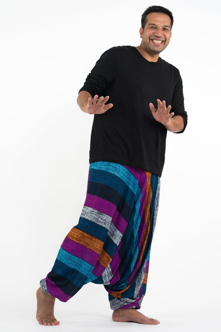 Plus Size Boho Striped Drop Crotch Men's Harem Pants in Blue