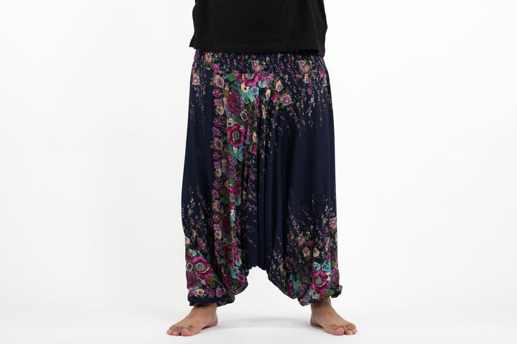 Plus Size Floral Drop Crotch Men's Harem Pants in Blue