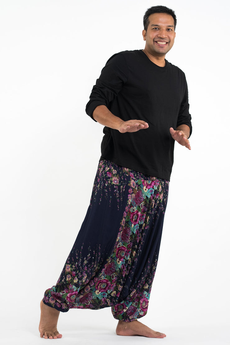 Plus Size Floral Drop Crotch Men's Harem Pants in Blue