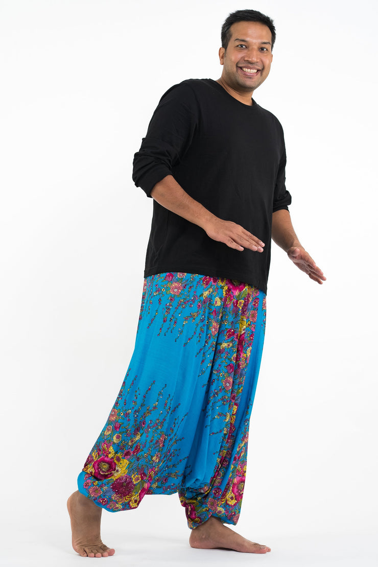 Plus Size Floral Drop Crotch Men's Harem Pants in Ocean Blue