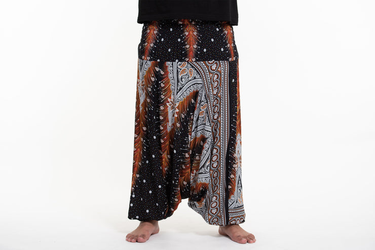 Plus Size Peacock Feathers Drop Crotch Men's Harem Pants in Black