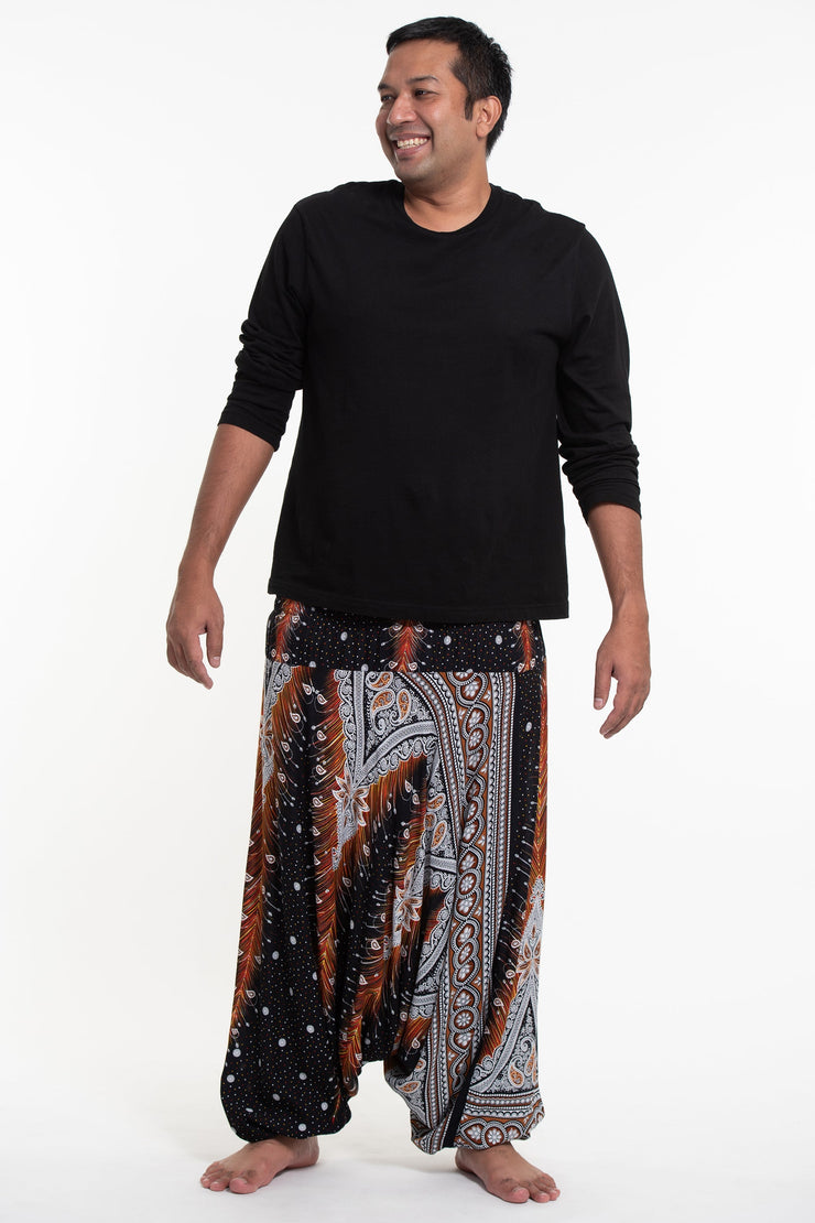 Plus Size Peacock Feathers Drop Crotch Men's Harem Pants in Black