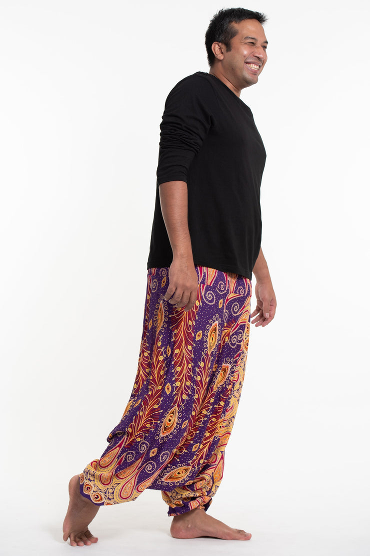 Plus Size Peacock Paisley Drop Crotch Men's Harem Pants in Purple