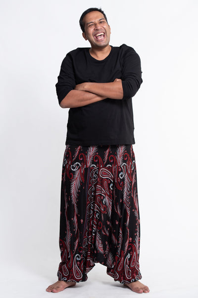 Plus Size Paisley Feathers Drop Crotch Men's Harem Pants in Black