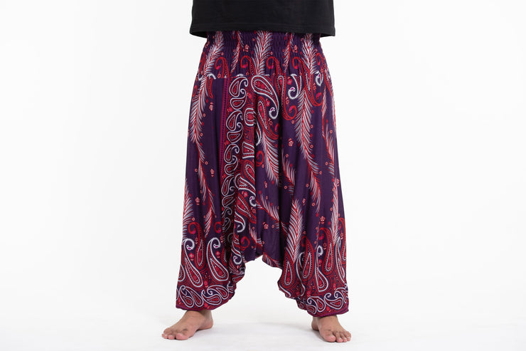 Plus Size Paisley Feathers Drop Crotch Men's Harem Pants in Purple