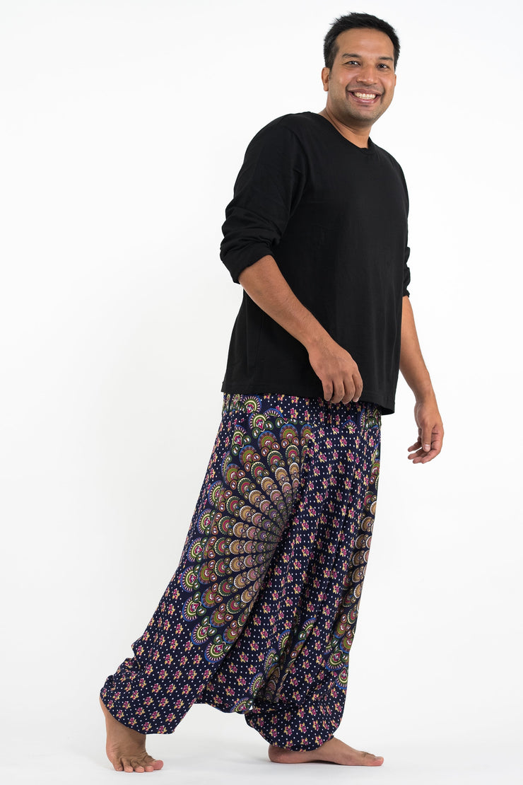 Plus Size Peacock Mandalas Drop Crotch Men's Harem Pants in Blue