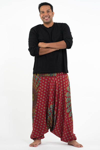 Plus Size Peacock Mandalas Drop Crotch Men's Harem Pants in Red