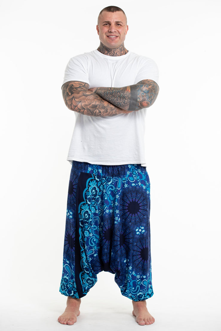 Plus Size Paisley Mandalas Drop Crotch Men's Harem Pants in Blue