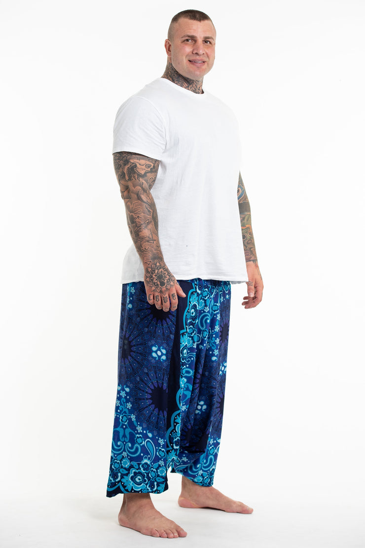 Plus Size Paisley Mandalas Drop Crotch Men's Harem Pants in Blue