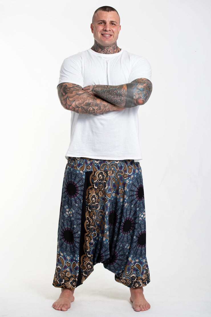 Plus Size Paisley Mandalas Drop Crotch Men's Harem Pants in Blue Gray