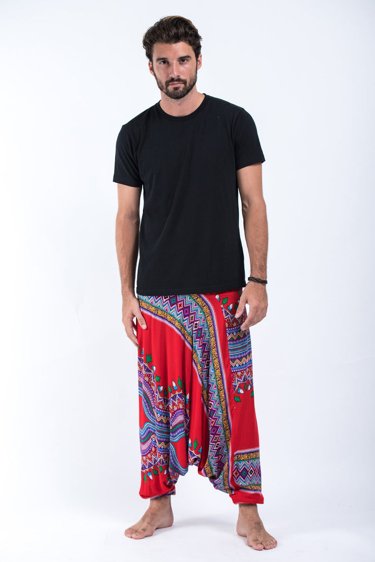 Dashiki Prints Drop Crotch Men's Harem Pants in Red