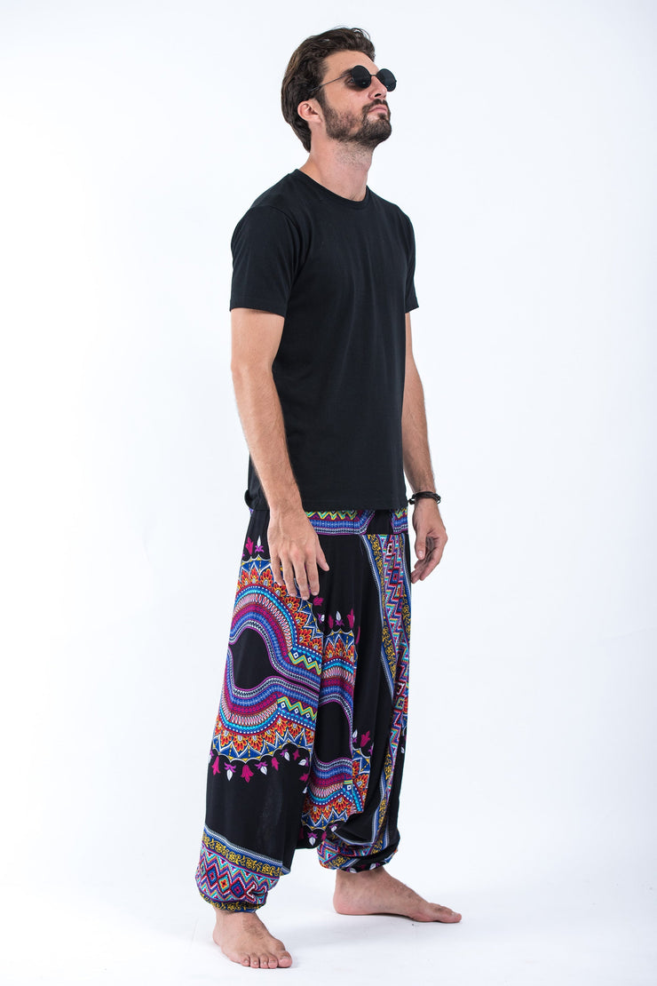 Dashiki Prints Drop Crotch Men's Harem Pants in Black