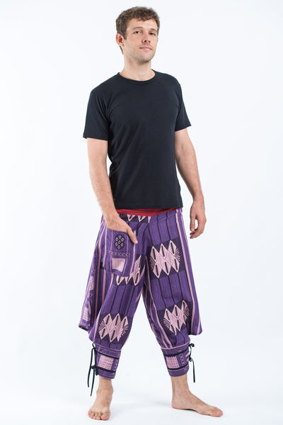 Thai Hill Tribe Fabric Men's Harem Pants with Ankle Straps in Purple