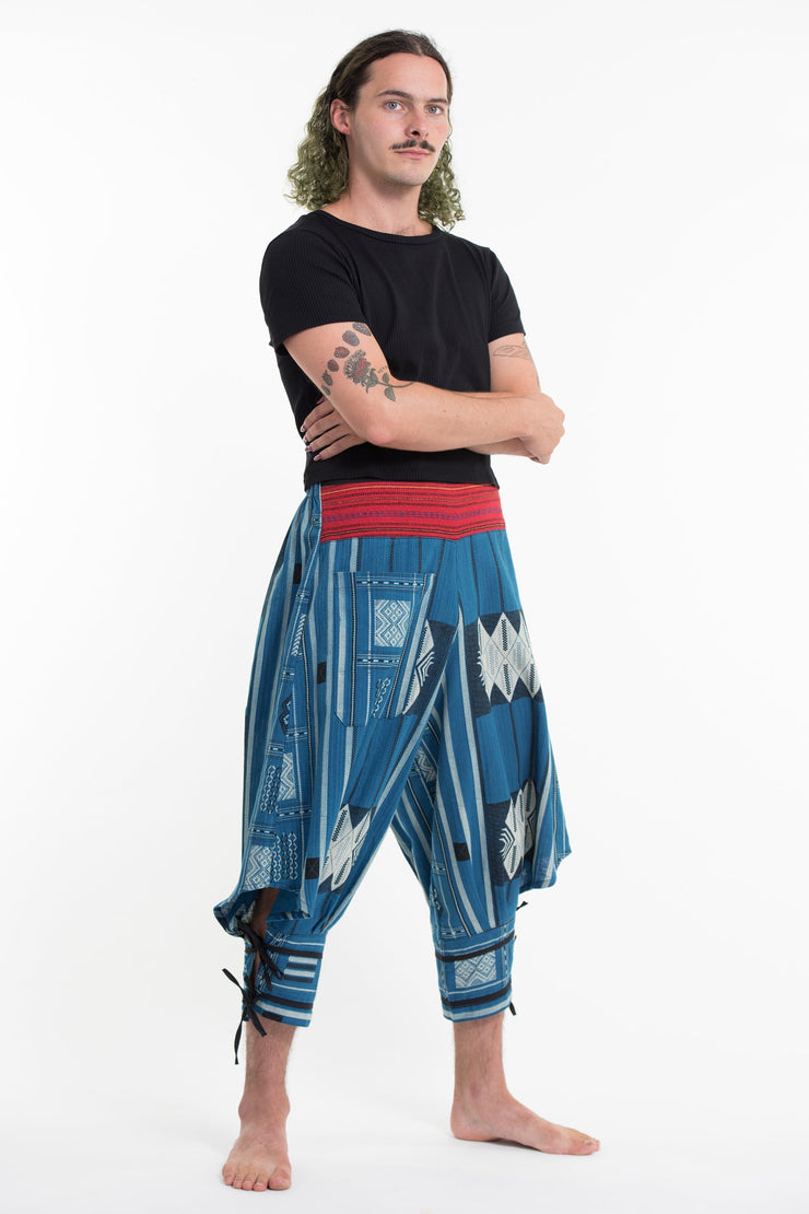 Thai Hill Tribe Fabric Men's Harem Pants with Ankle Straps in Blue