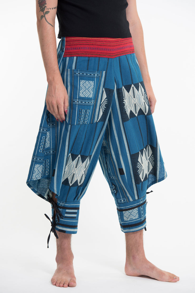 Thai Hill Tribe Fabric Men's Harem Pants with Ankle Straps in Blue