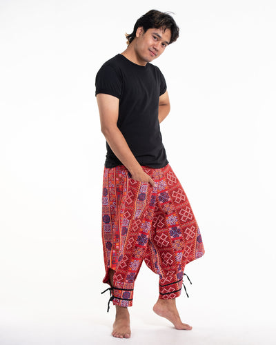 Clovers Thai Hill Tribe Fabric Men's Harem Pants with Ankle Straps in Bright Red