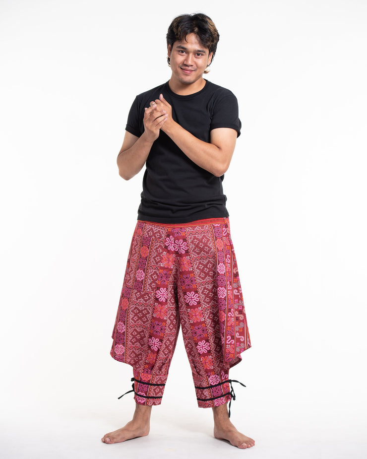 Clovers Thai Hill Tribe Fabric Men's Harem Pants with Ankle Straps in Pink Red