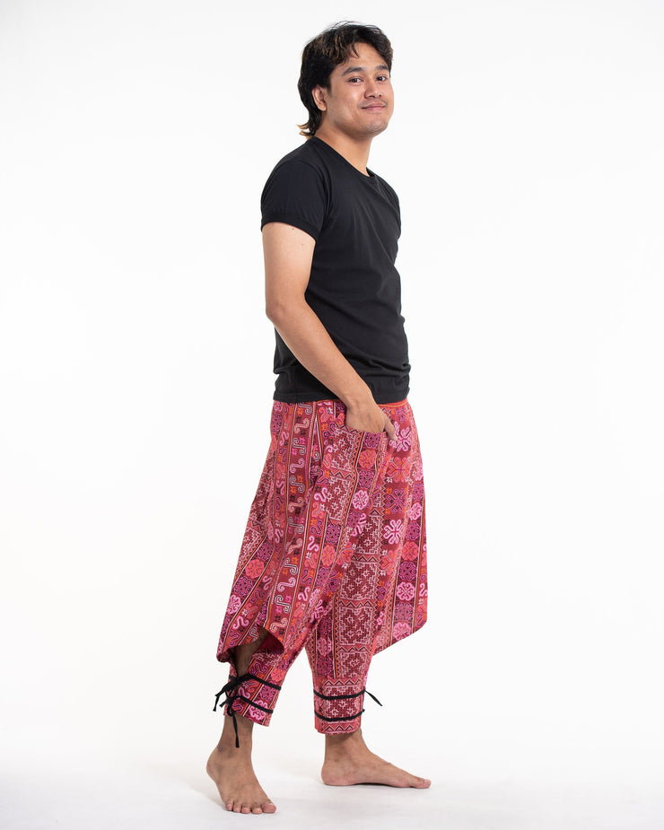 Clovers Thai Hill Tribe Fabric Men's Harem Pants with Ankle Straps in Pink Red