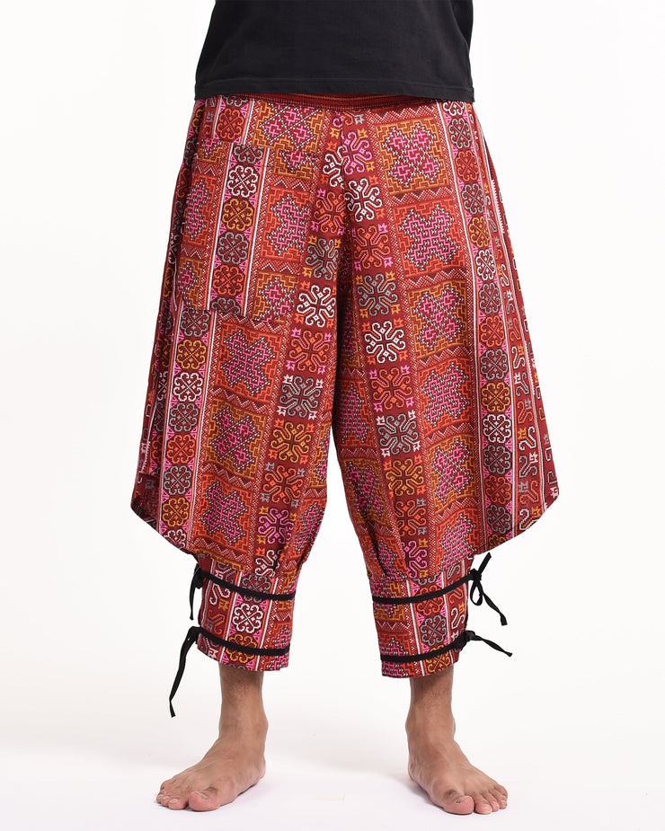 Clovers Thai Hill Tribe Fabric Men's Harem Pants with Ankle Straps in Red