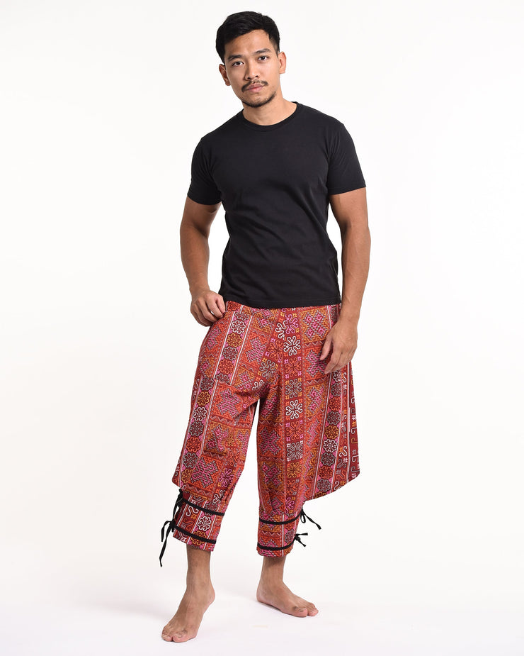 Clovers Thai Hill Tribe Fabric Men's Harem Pants with Ankle Straps in Red